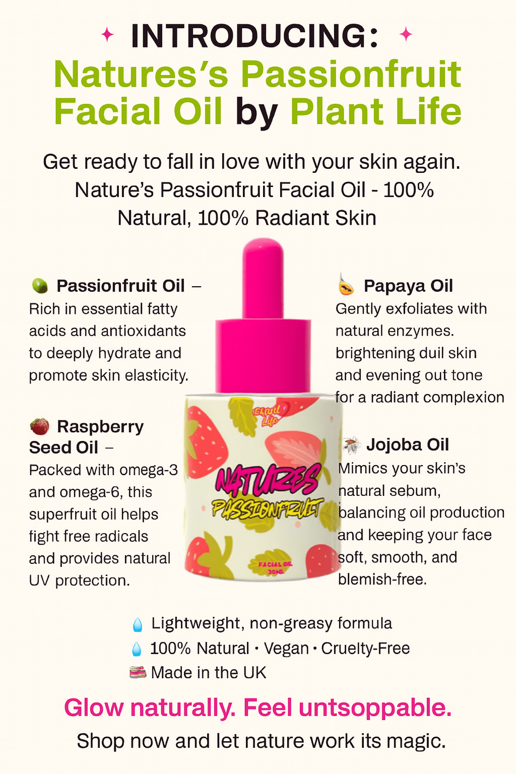 Natures Passionfruit Facial Oil - The Ultimate Glow Oil - 100% Natural Oil Papaya, Raspberry Seed, Jojoba & Lavender Oil - 30ml